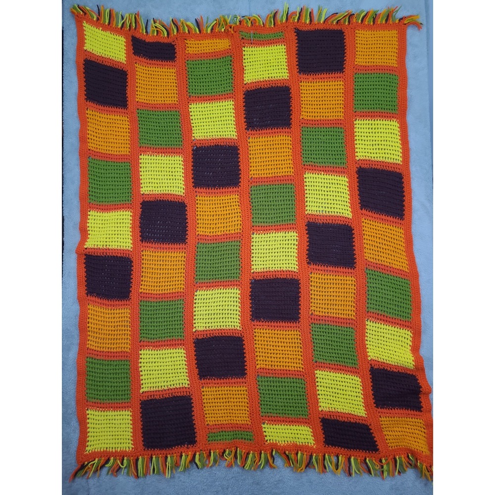 Hand Crochet Granny Square Throw Blanket 70s Orange Yellow Green Brown 55x42